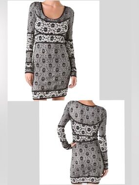 Free People Tabby Floral Lace Knit Mini Dress Black White Mod Bodycon XS